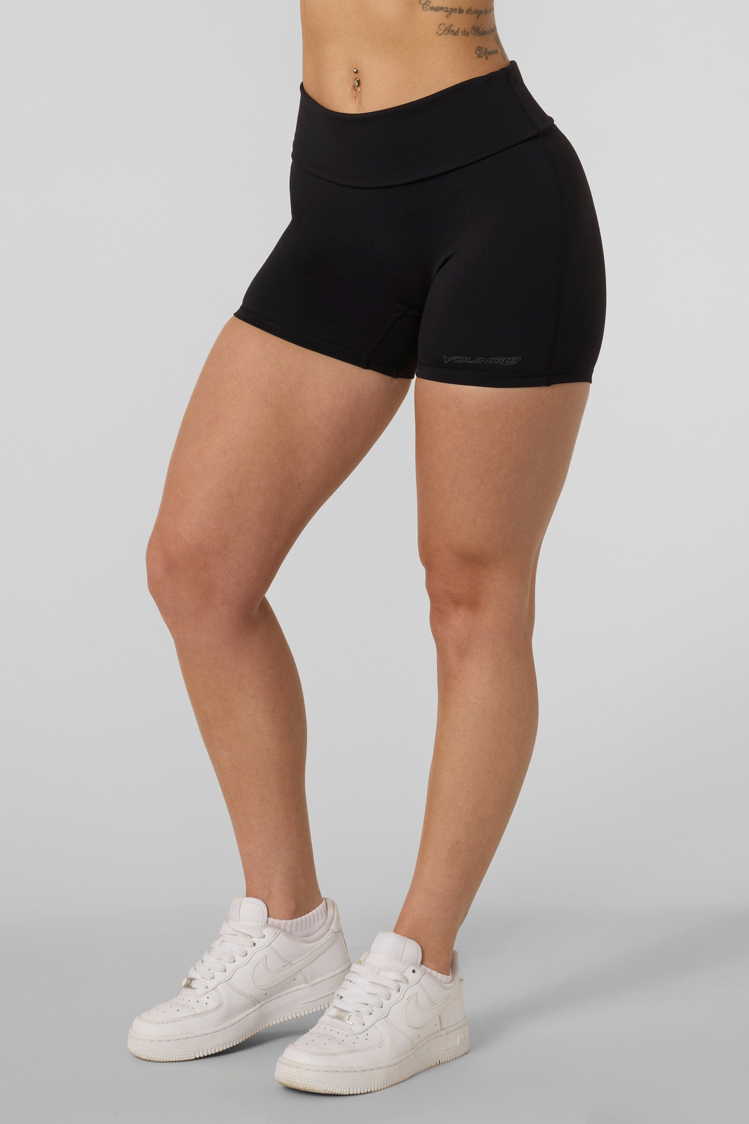 W174 Flashback Foldover Shorts for women with a curve-enhancing foldover waist in color Black.