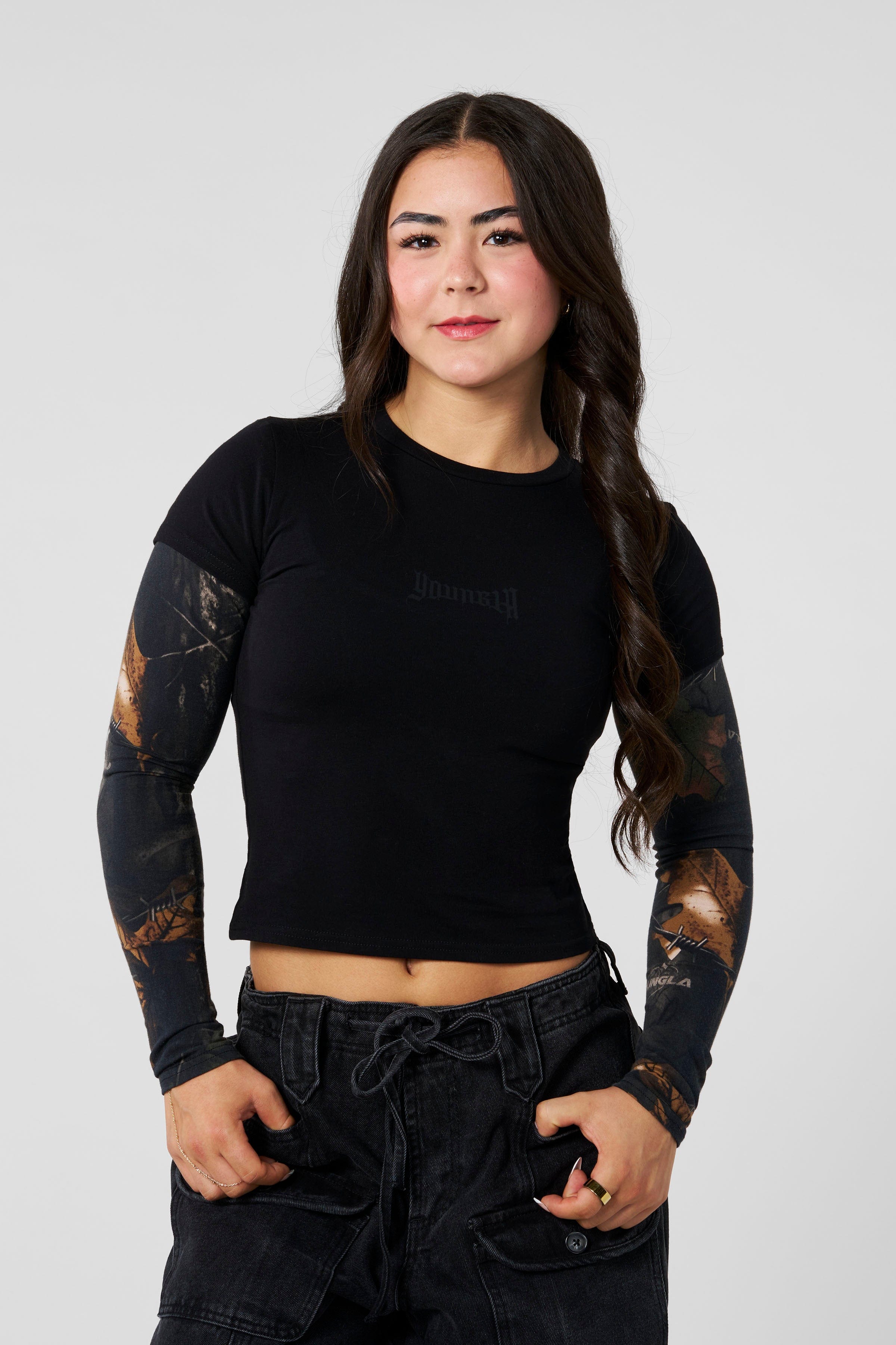 W4293 - Camo Twofer Baby Tee