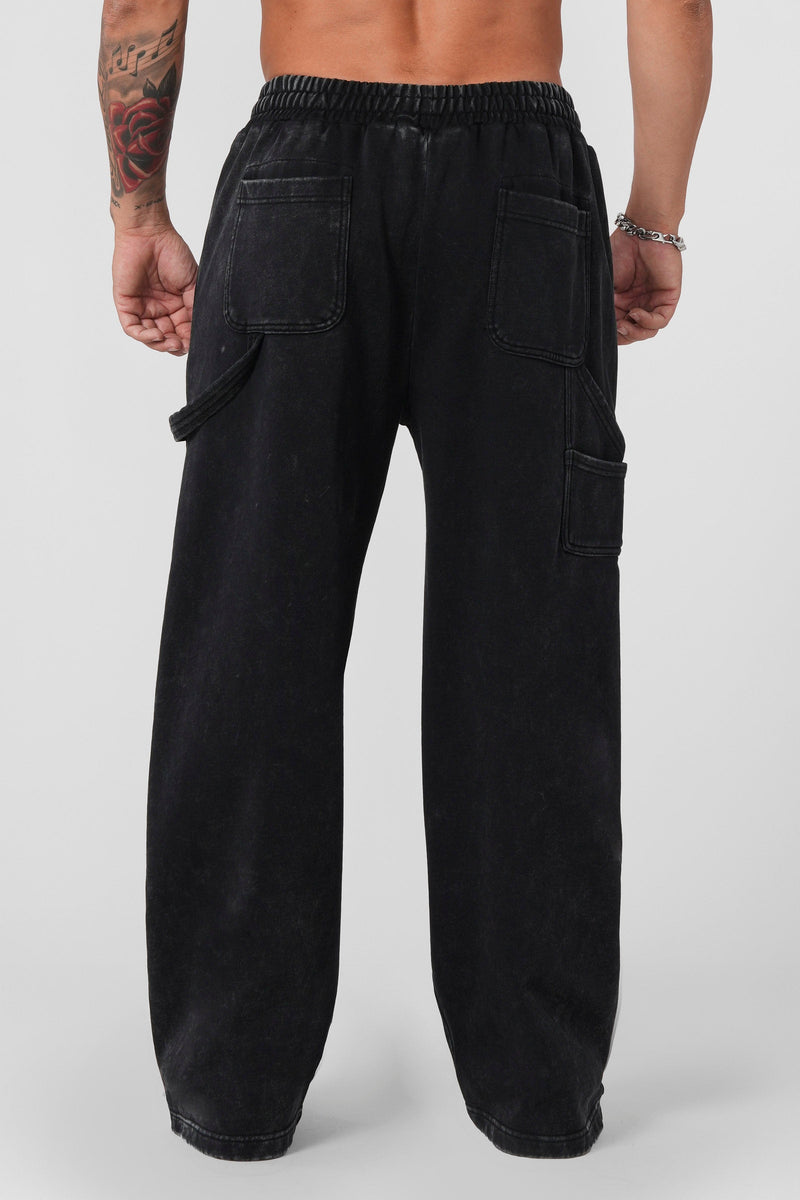 2055 - Carpenter Sweats for Men: 100% cotton heavyweight 460 GSM baggy sweats with workwear-inspired stitch lines, premium feel, and comfortable utility design in color Black wash.