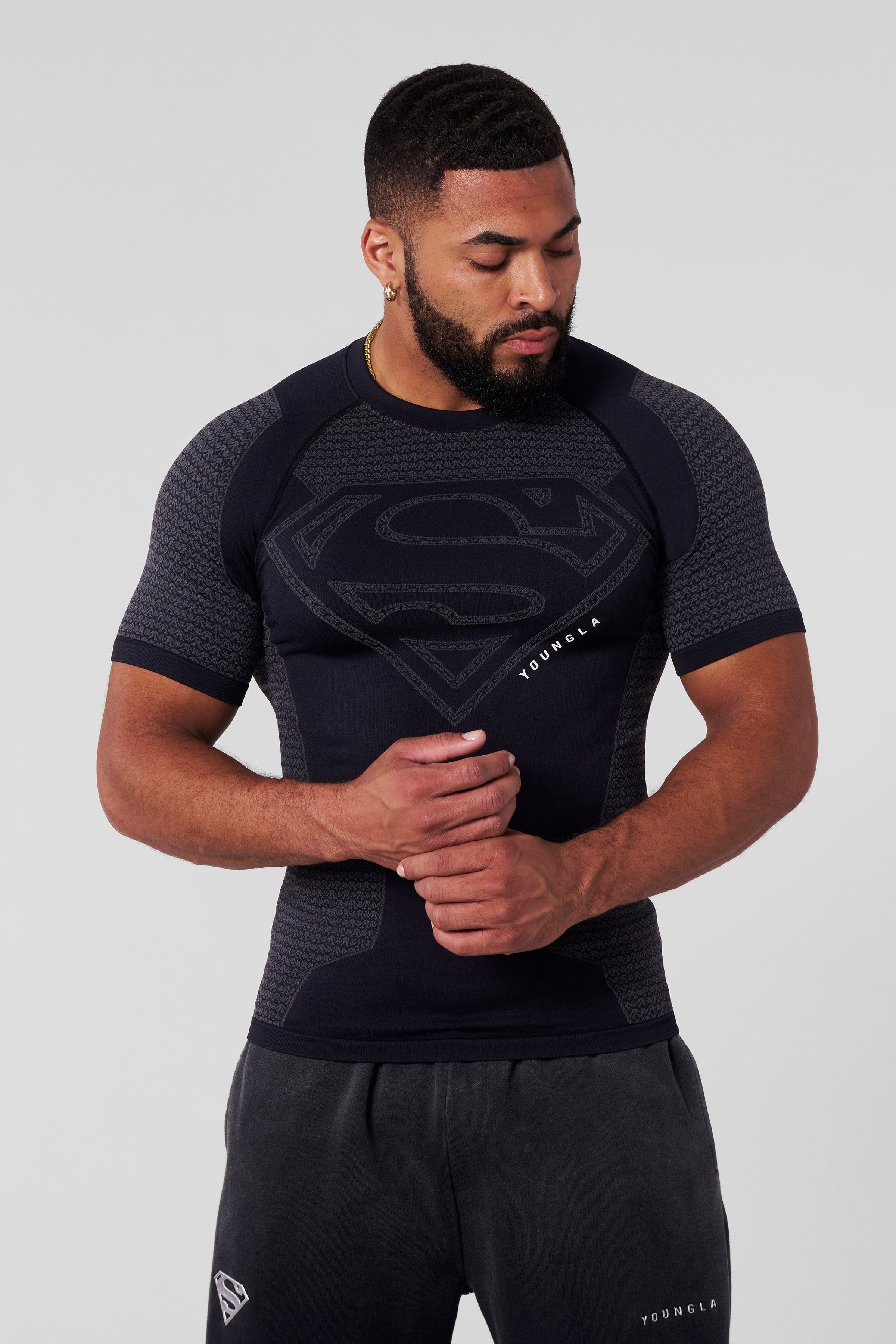 4117 - Superman Compression Tees - Sculpted fit, premium patterns, and detailed paneling, designed for performance and superhero-inspired style in Black.