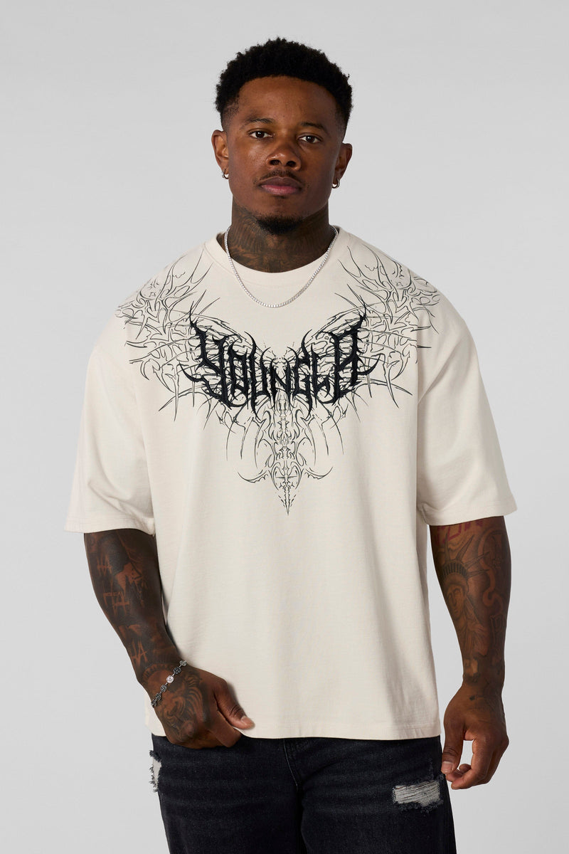 4149 - Gothic Tees for Men: Heavyweight tee with bold back graphics, clean silhouette, and all-day wearable edge in color Off-White.