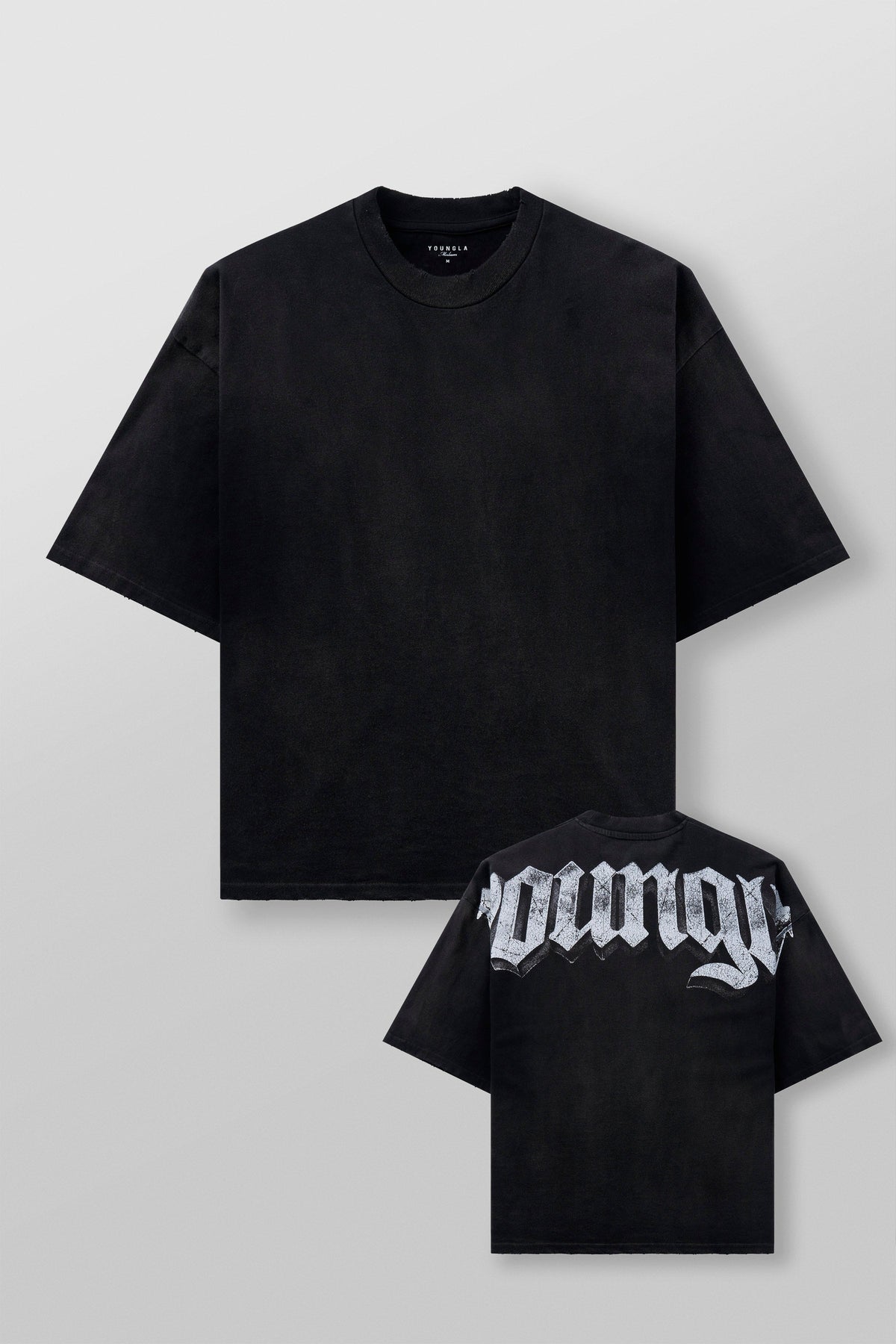 4159 - Huge Tees for Men: Bold gothic logo tee with boxy draped fit, vintage faded 100% cotton, and heavyweight presence in color Black wash.