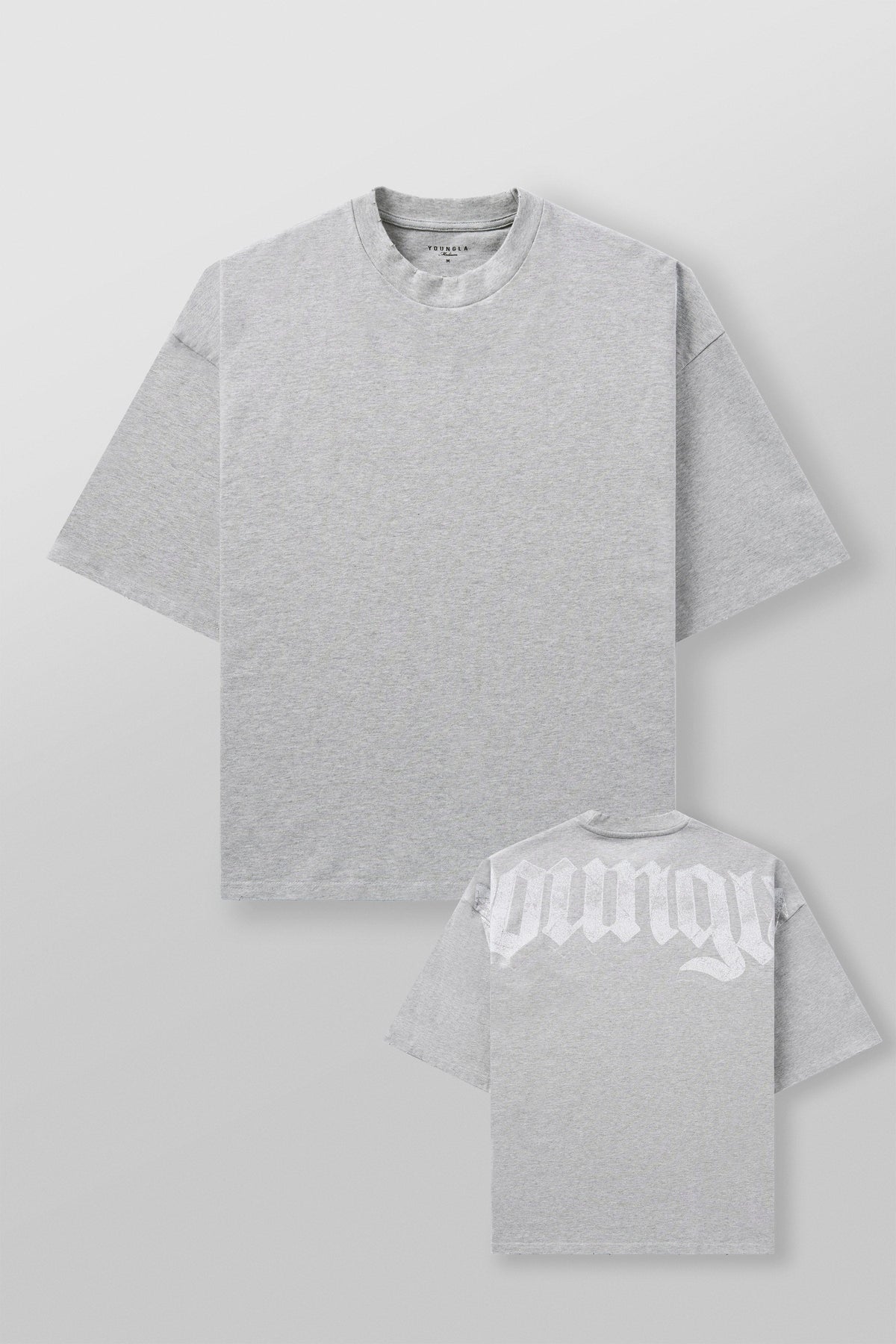 4159 - Huge Tees for Men: Bold gothic logo tee with boxy draped fit, vintage faded 100% cotton, and heavyweight presence in color Heather Grey.