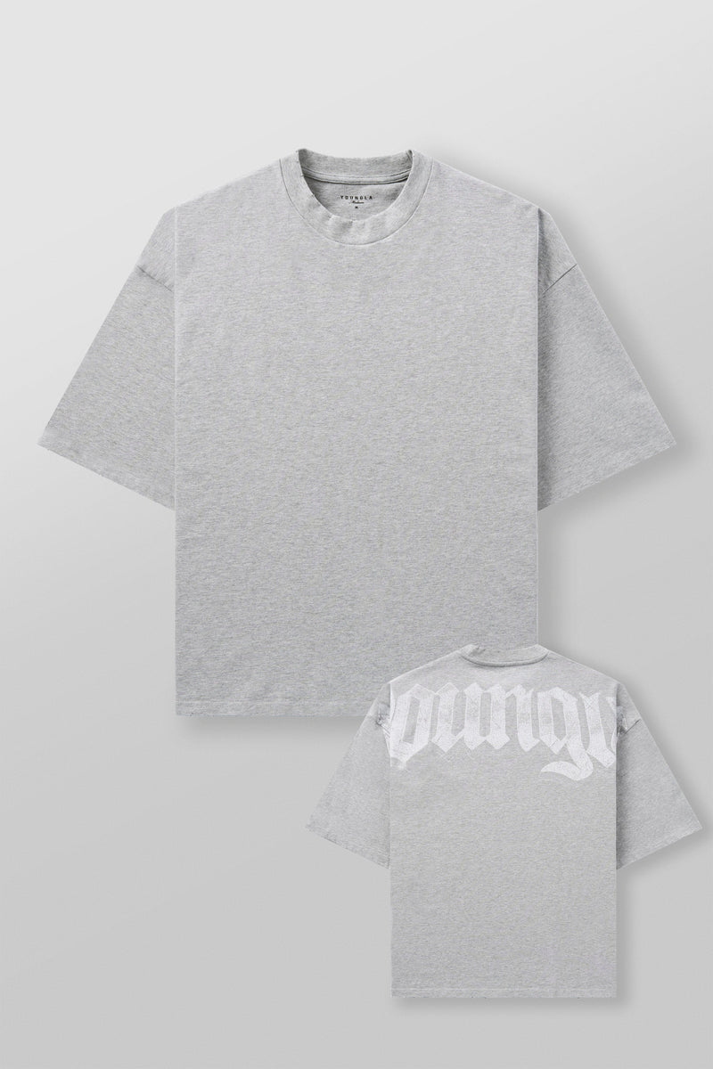 4159 - Huge Tees for Men: Bold gothic logo tee with boxy draped fit, vintage faded 100% cotton, and heavyweight presence in color Heather Grey.