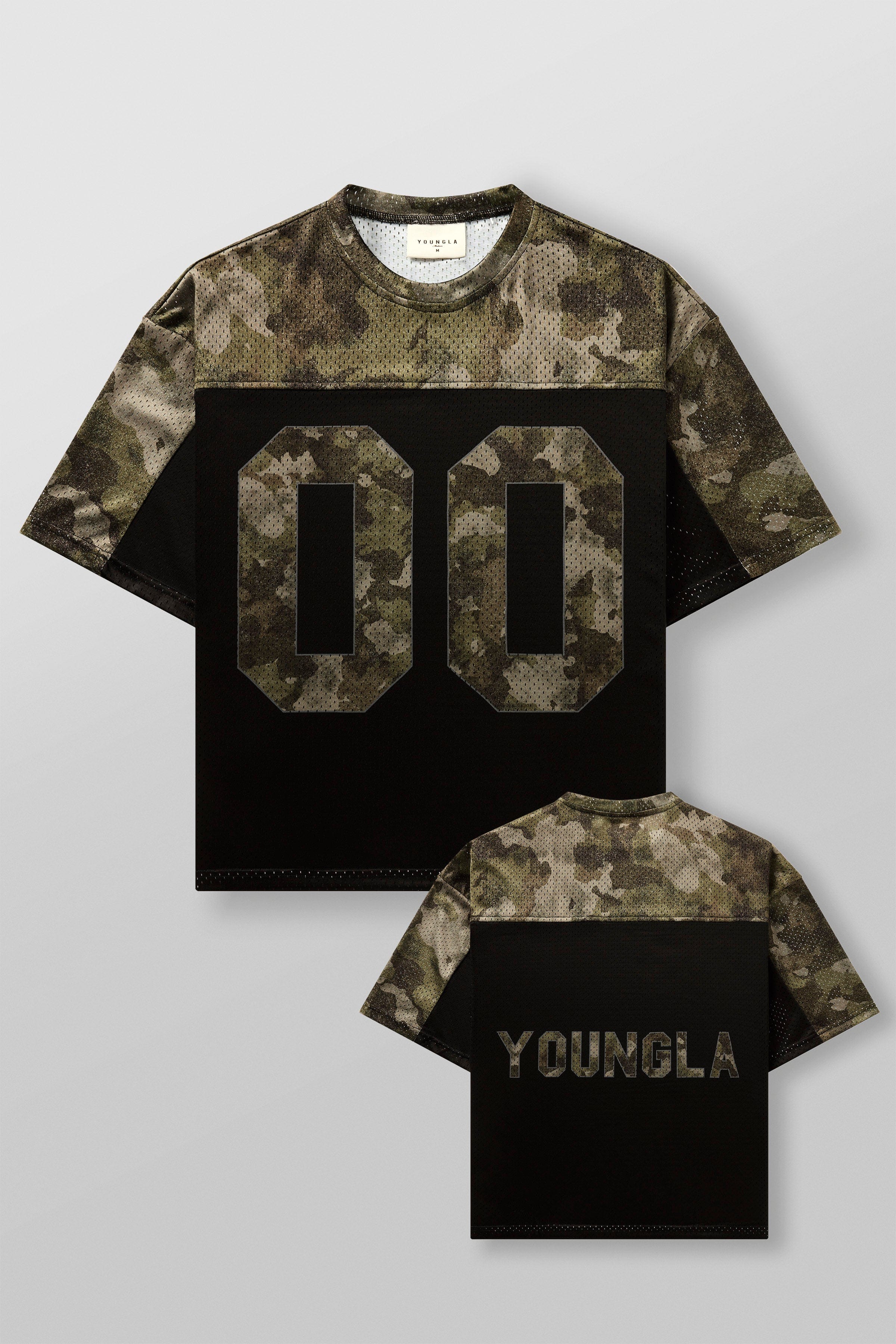 4237 - Double-Zero Jersey in 100% Mesh Polyester for retro sports vibes Double-zero numbers and bold YOUNGLA branding in colour Green Camo