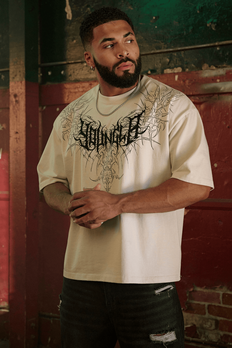 4149 - Gothic Tees for Men: Heavyweight tee with bold back graphics, clean silhouette, and all-day wearable edge in color Off-white.