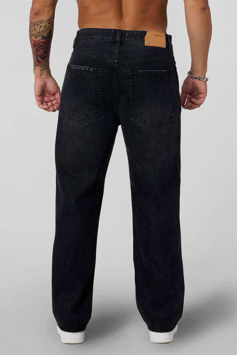 6025 - Straight Fit Ripped Jeans for mens with 415 GSM cotton with straight-leg fit in colour Black Wash - Back View