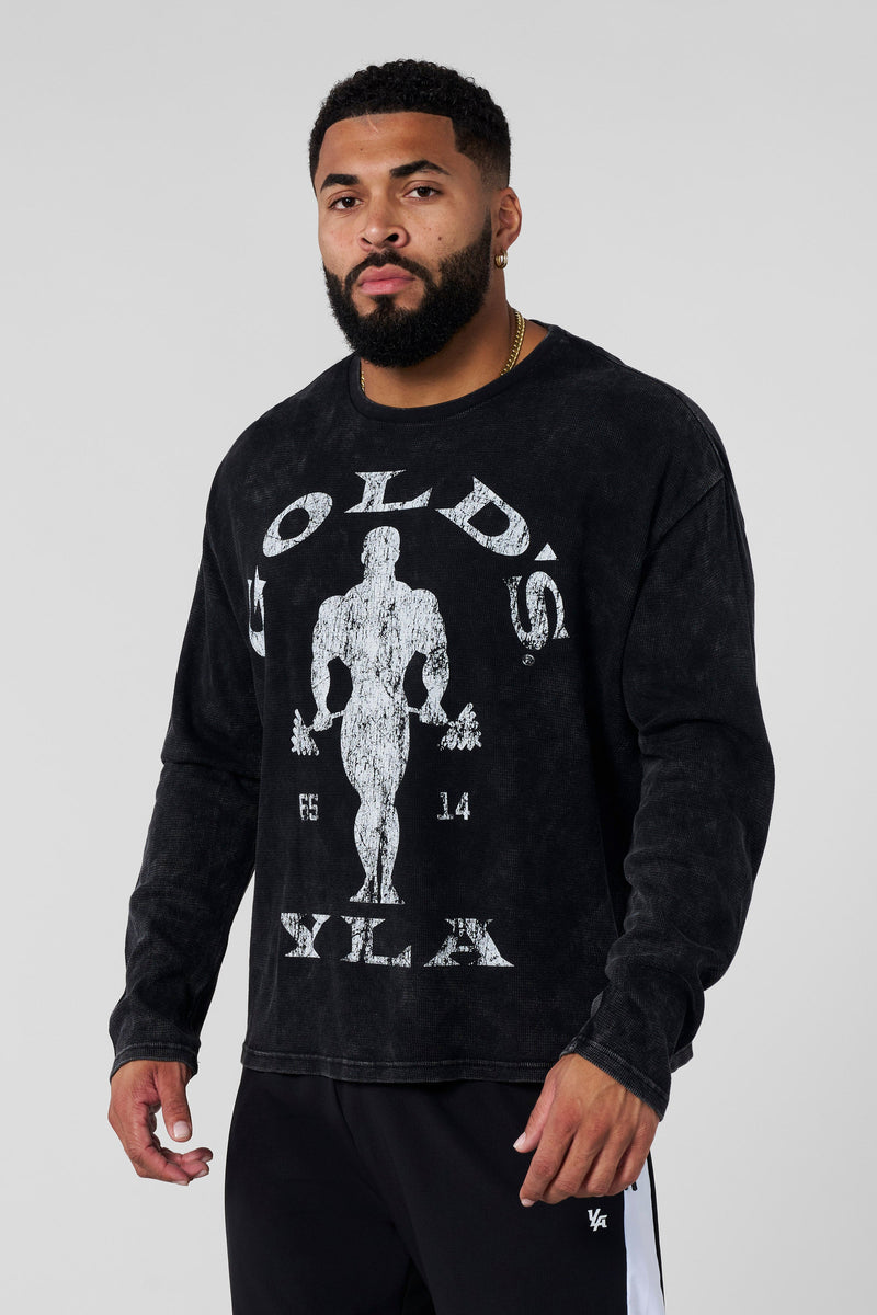 8047 – Gold’s Gym Thermal Longsleeves for men: warm, comfortable, and breathable with a true-to-size athletic fit, perfect for training or casual wear in color black wash.