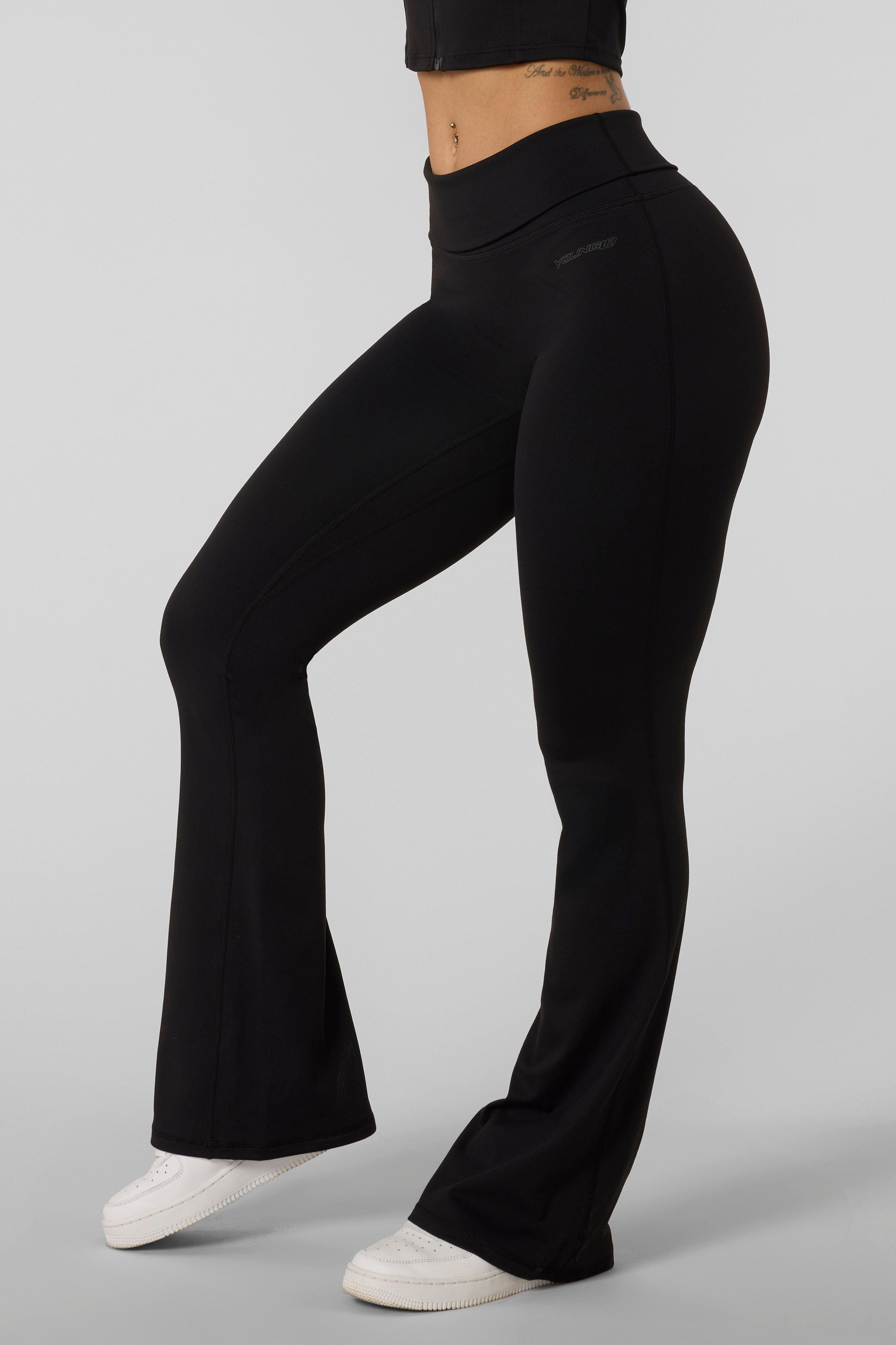 W282 Flashback Foldover Flares for women Y2K-style fold-over flare pant in color Black.