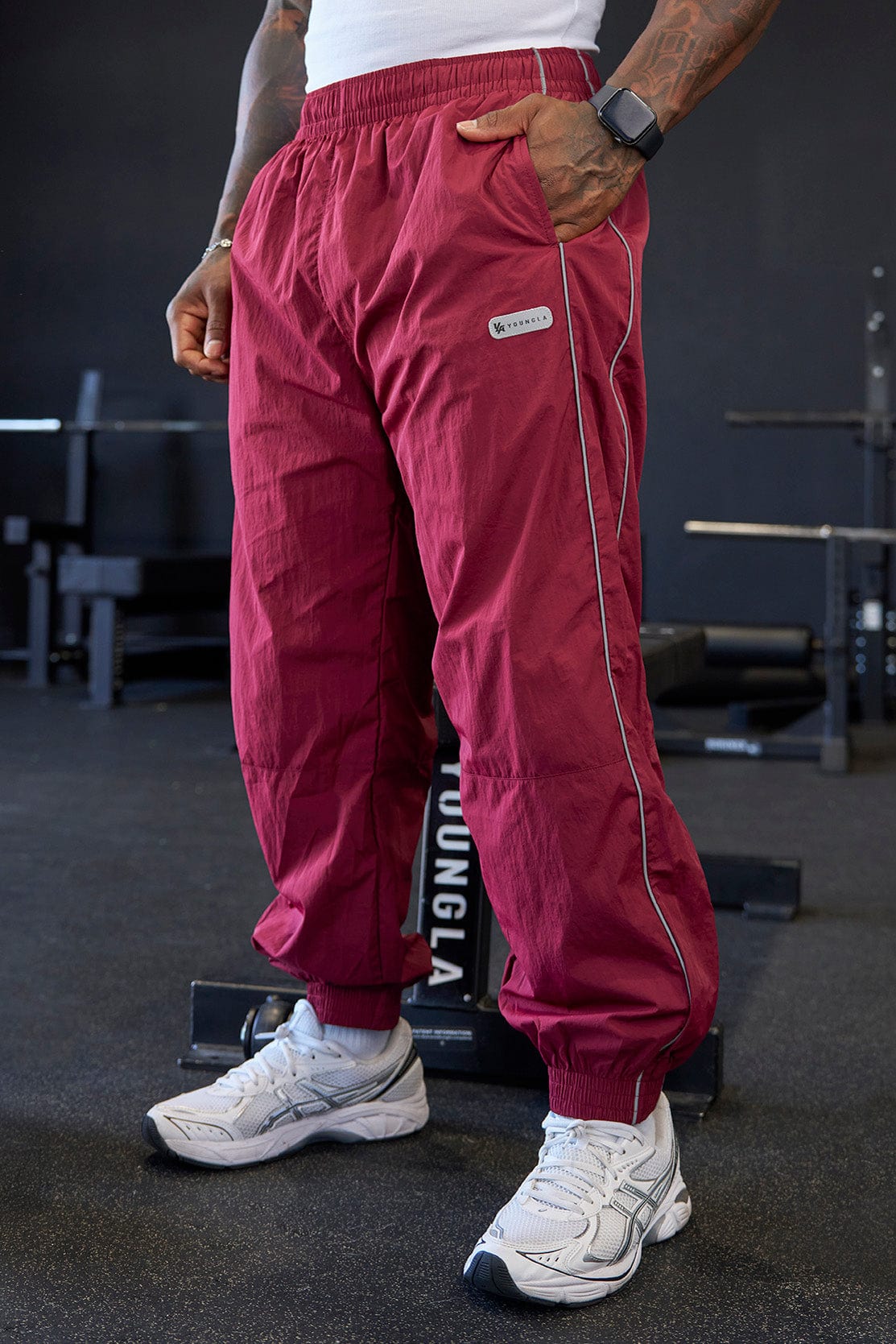 2091 - Retro Cuffed Joggers - Relaxed, lightweight joggers with breathable fabric and cuffed hems. Perfect for training or everyday wear, with a versatile, retro-inspired silhouette in Burgundy.
