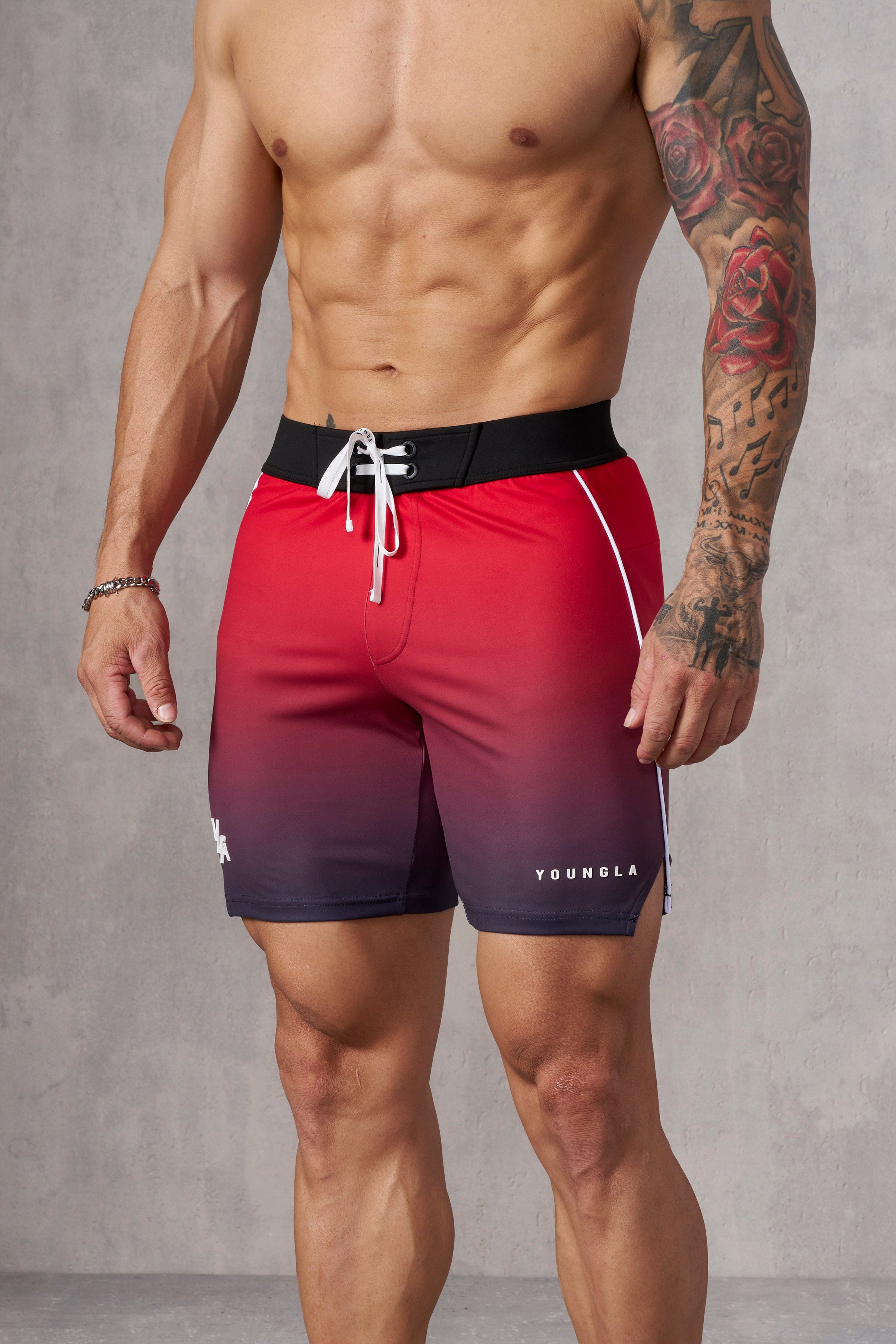 1067 - Men's physique Stage Shorts  Men's Physique Stage Shorts are tailored for bodybuilding competitions with Red