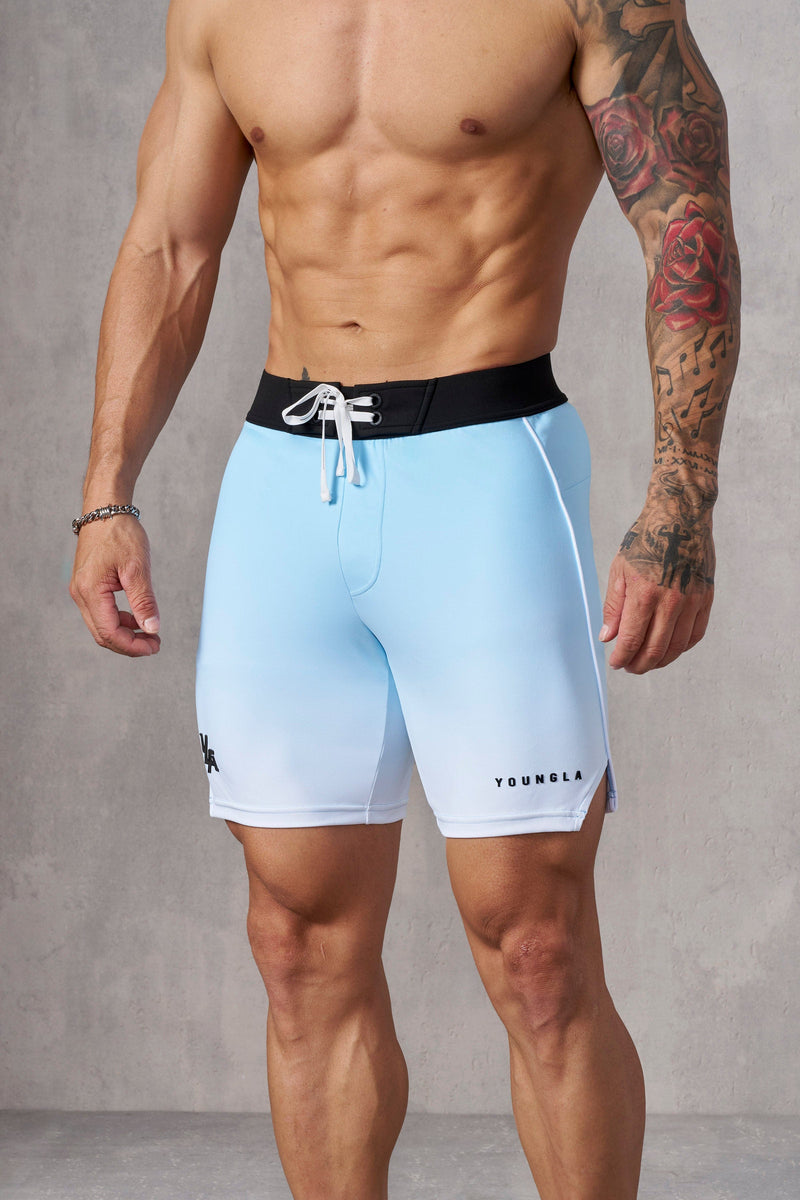 1067 - Men's physique Stage Shorts  Men's Physique Stage Shorts are tailored for bodybuilding competitions with Sky Blue