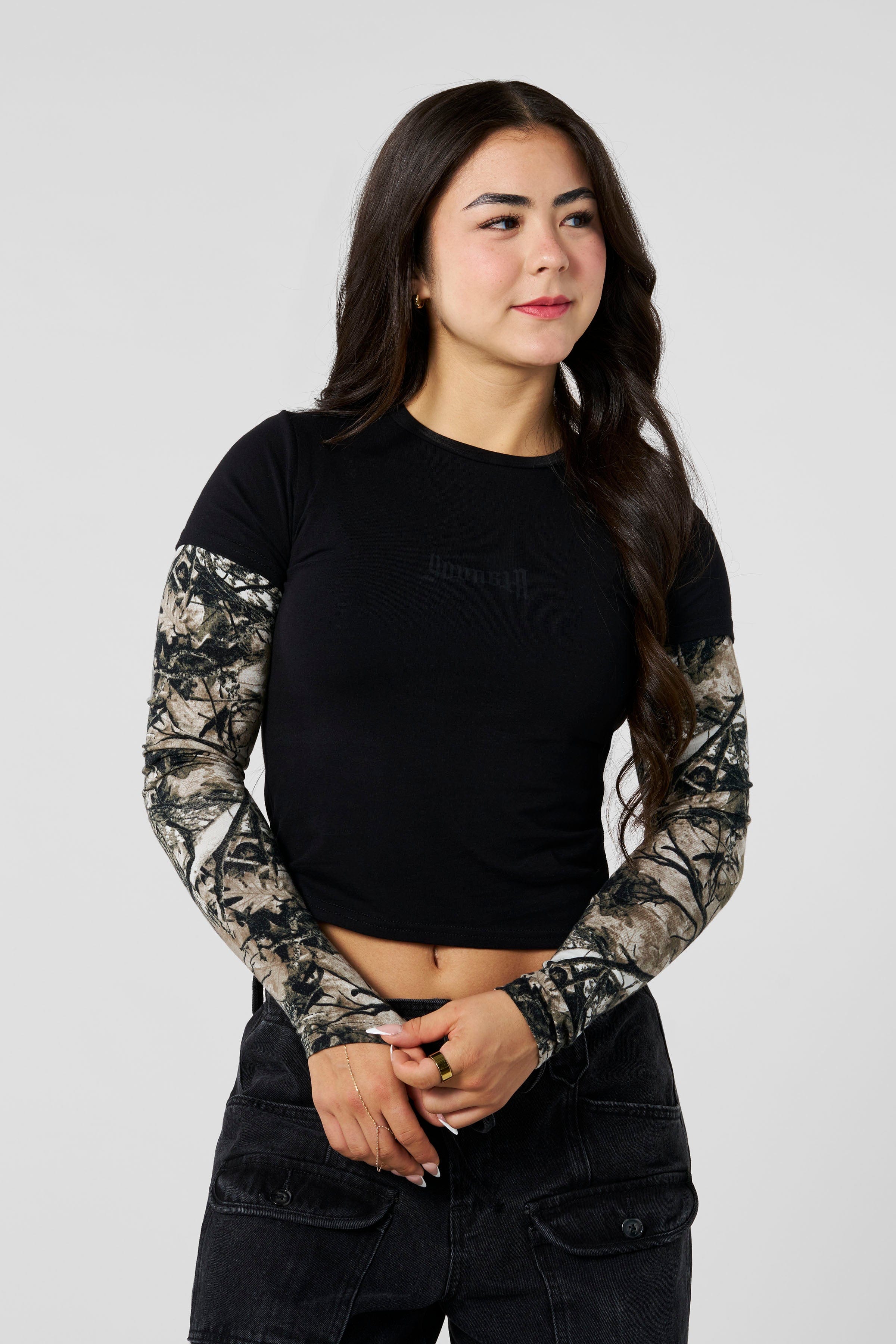 W4293 - Camo Twofer Baby Tee