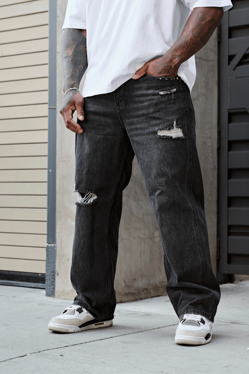 6025 - Straight Fit Ripped Jeans for mens with 415 GSM cotton with  straight-leg fit in colour Black Wash
