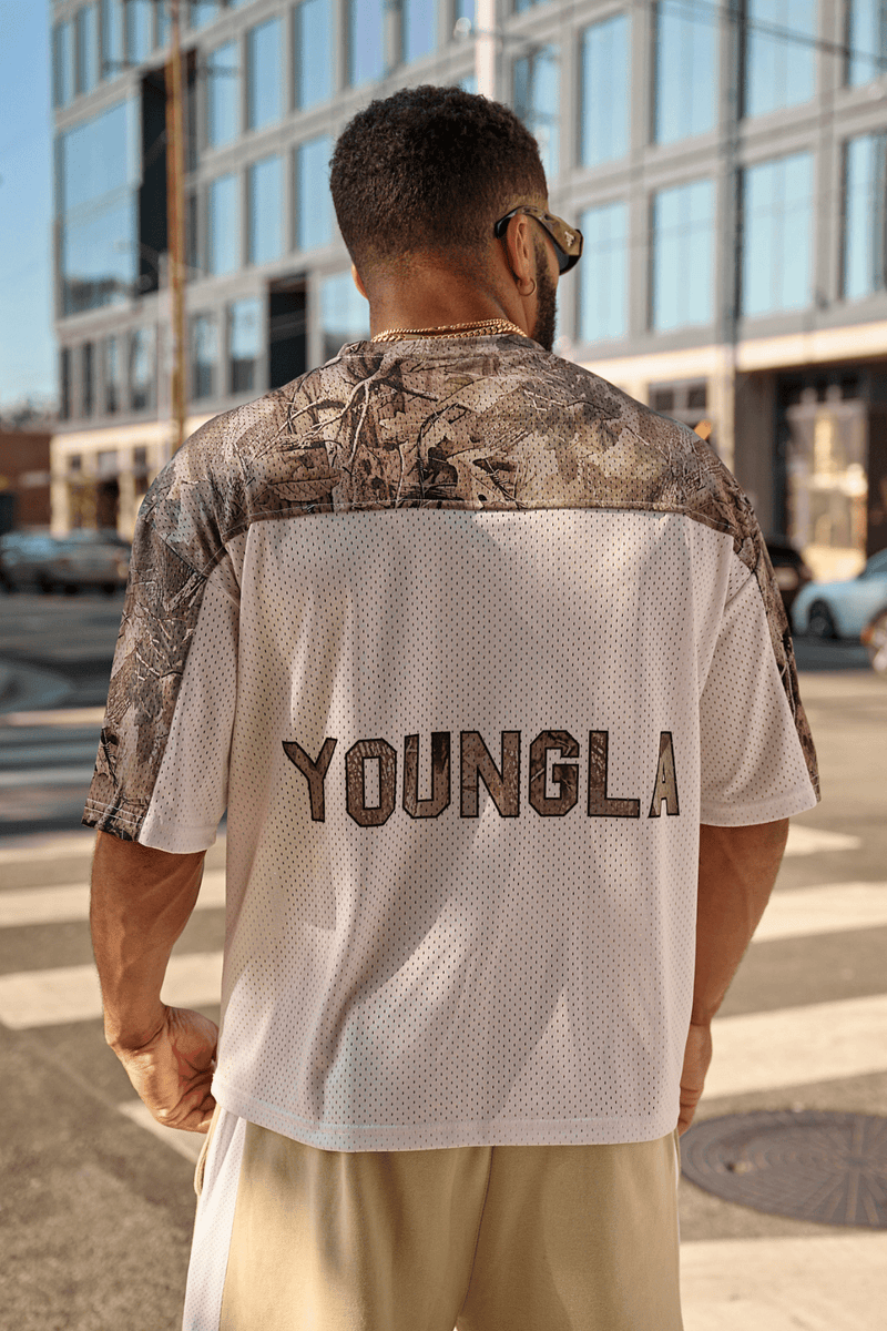 4237 - Double-Zero Jersey in 100% Mesh Polyester for retro sports vibes Double-zero numbers and bold YOUNGLA branding in colour Beige Tree Camo