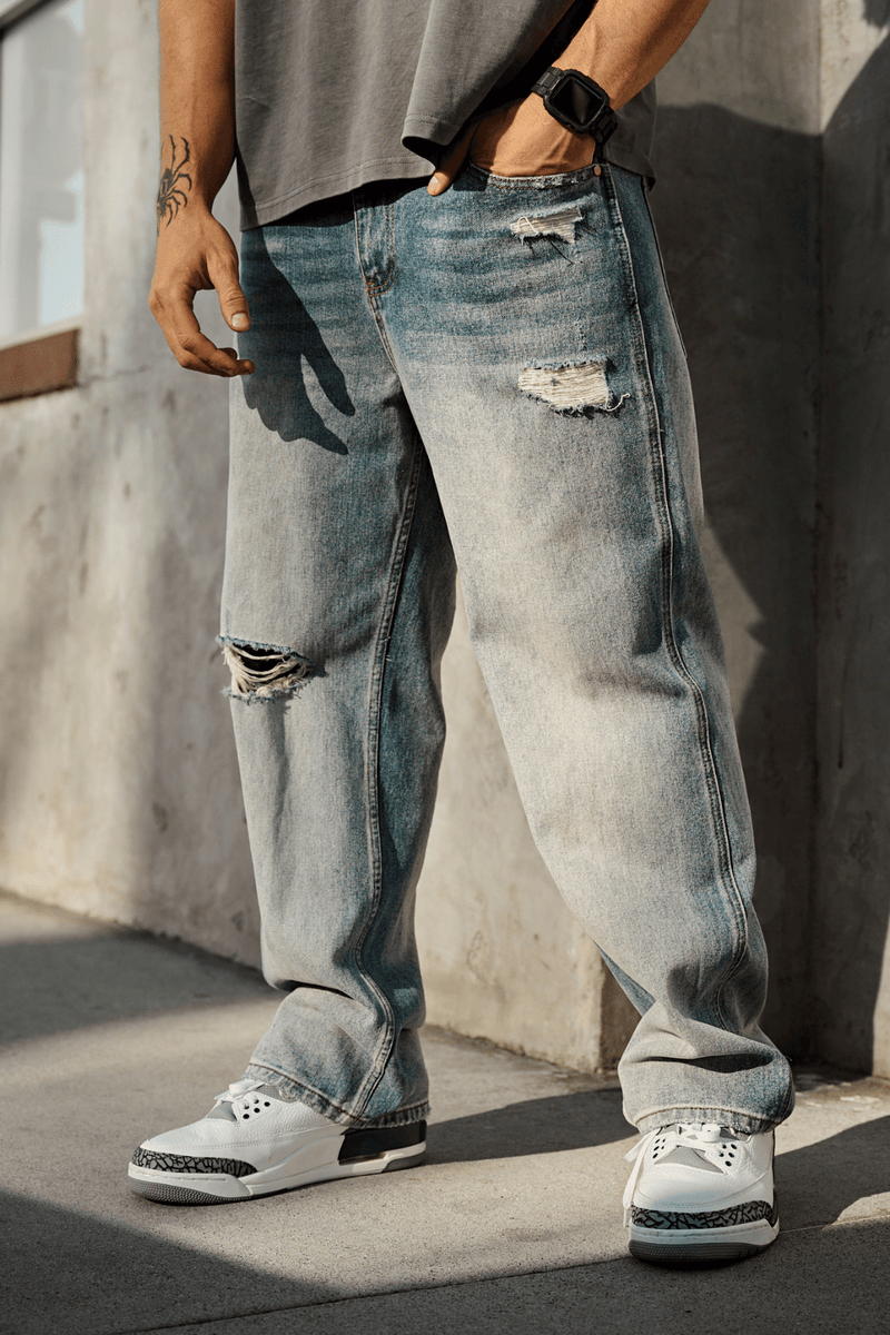6025 - Straight Fit Ripped Jeans for mens with 415 GSM cotton with  straight-leg fit in colour Blue Wash