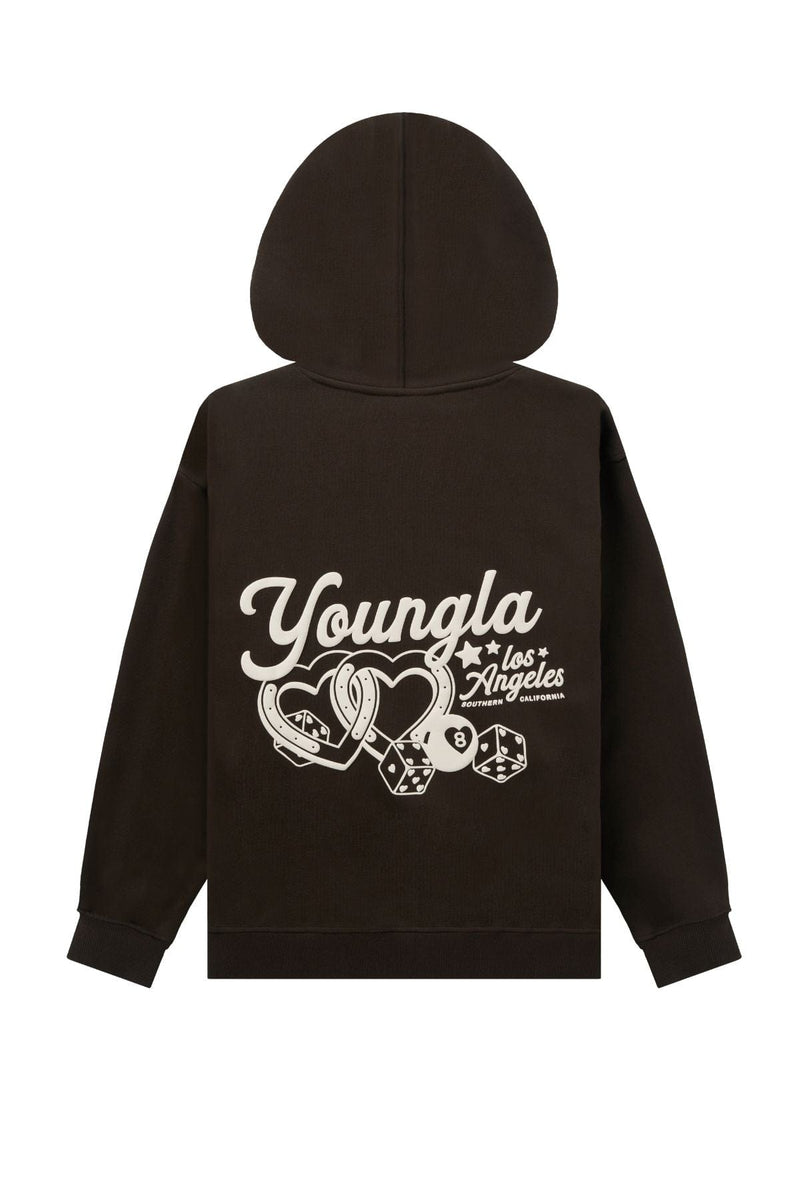 W566 Soft Serve Hoodie for women with super soft, fluffy fleece and featuring a fun puff print in color Brown