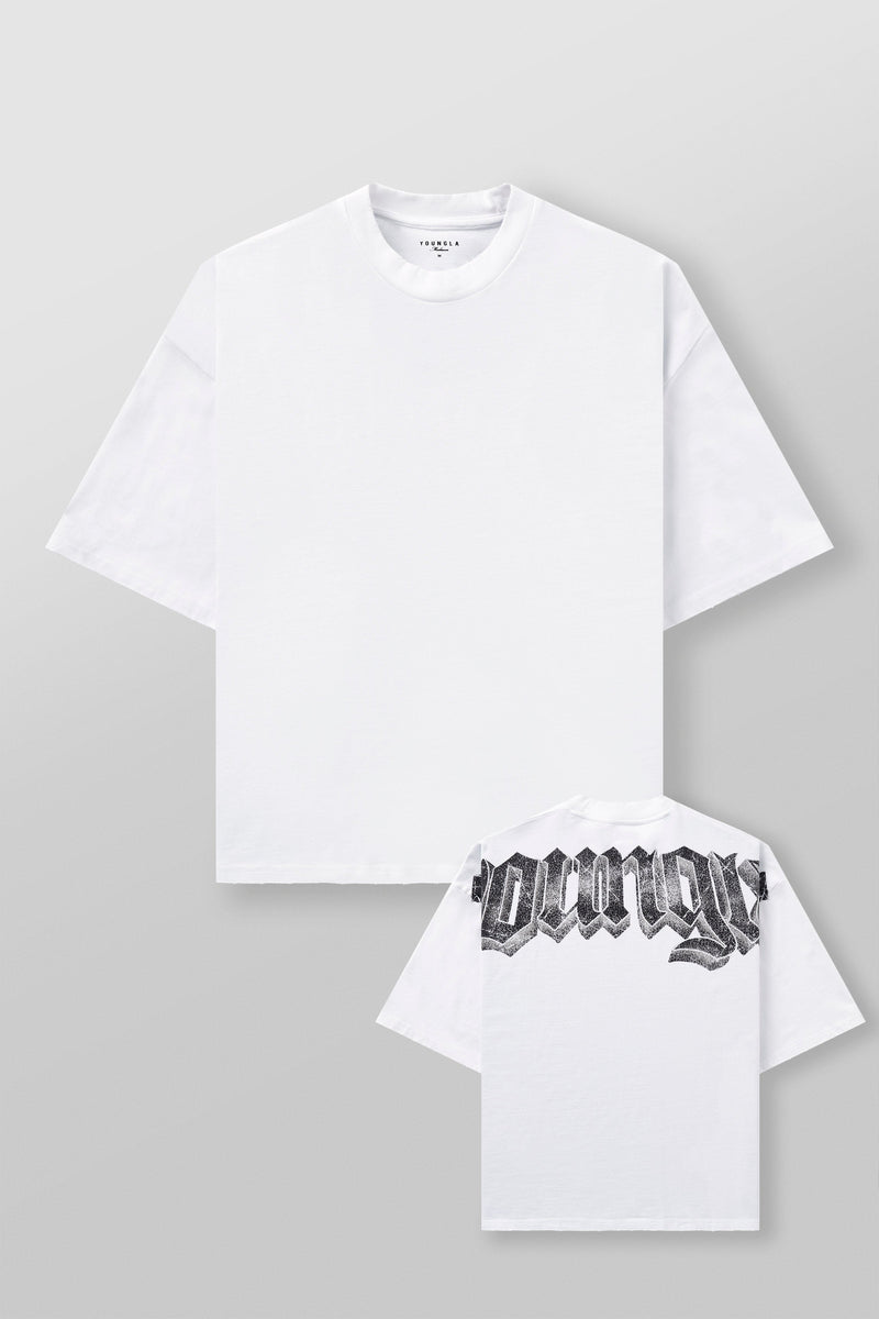 4159 - Huge Tees for Men: Bold gothic logo tee with boxy draped fit, vintage faded 100% cotton, and heavyweight presence in color White.