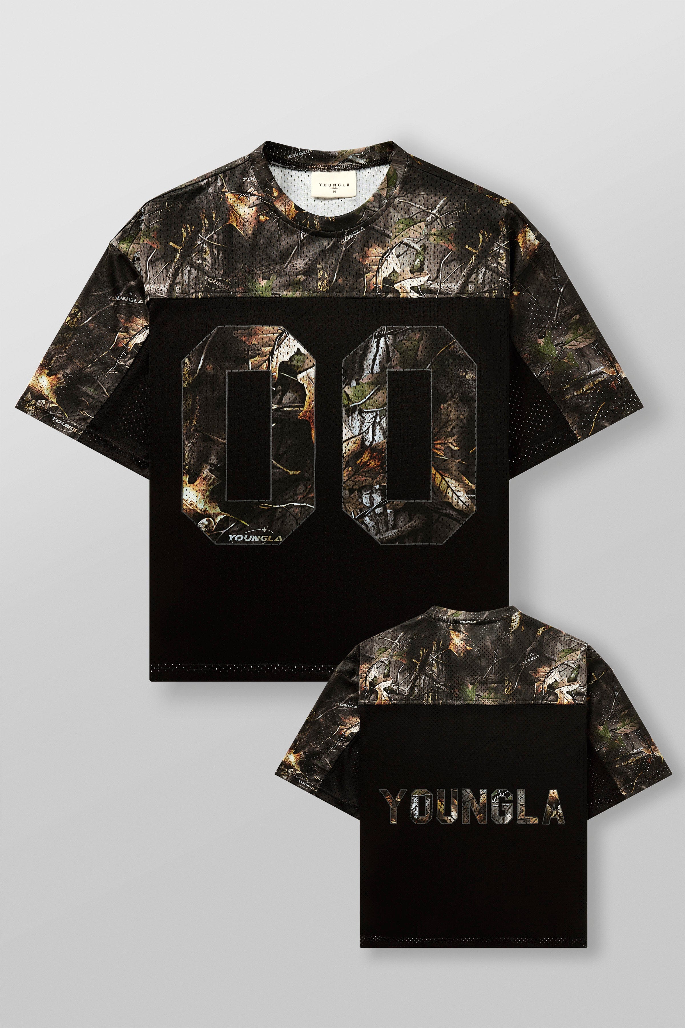  4237 - Double-Zero Jersey in 100% Mesh Polyester for retro sports vibes Double-zero numbers and bold YOUNGLA branding in colour Black Tree Camo