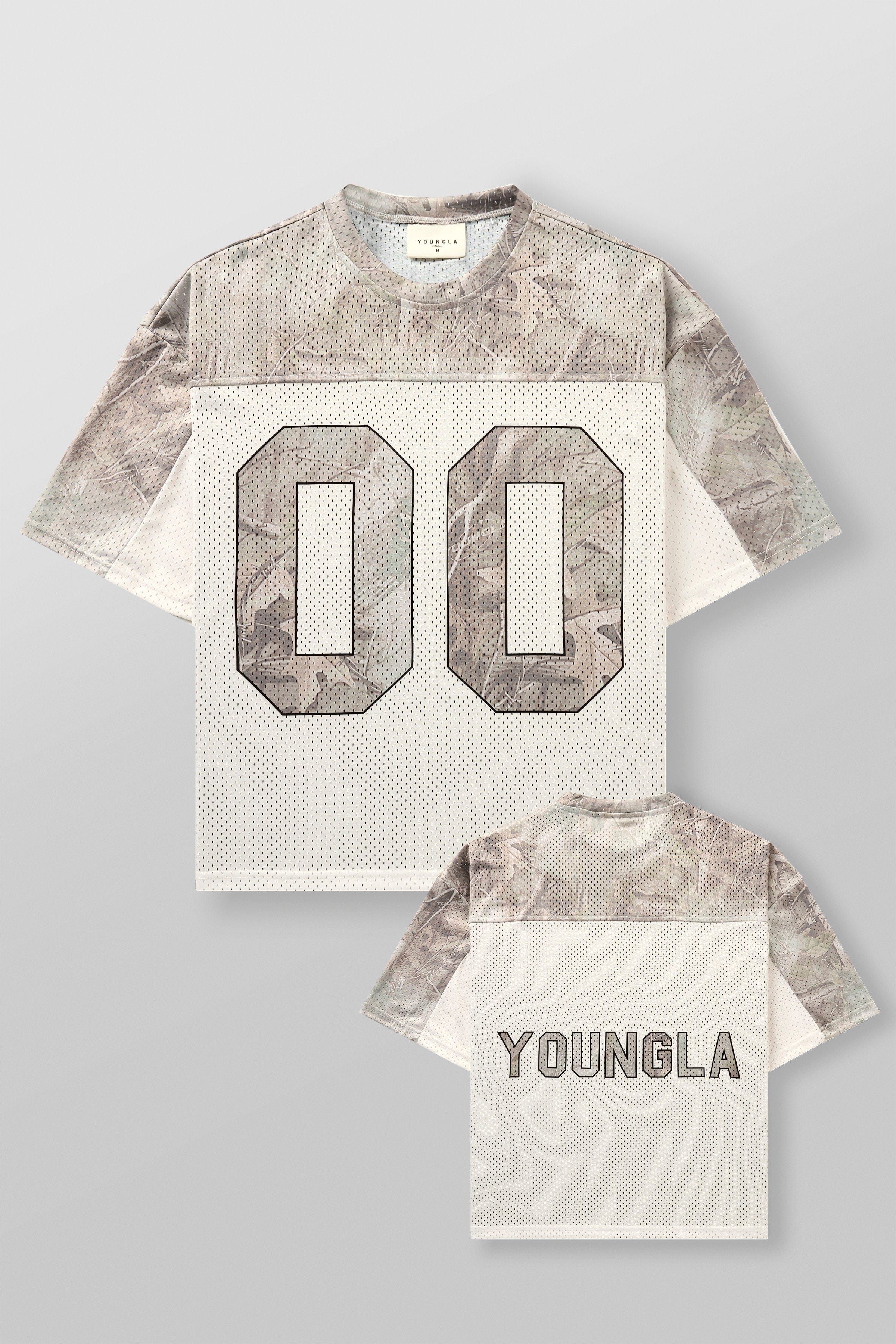 4237 - Double-Zero Jersey in 100% Mesh Polyester for retro sports vibes Double-zero numbers and bold YOUNGLA branding in colour Desert Tan Tree Camo