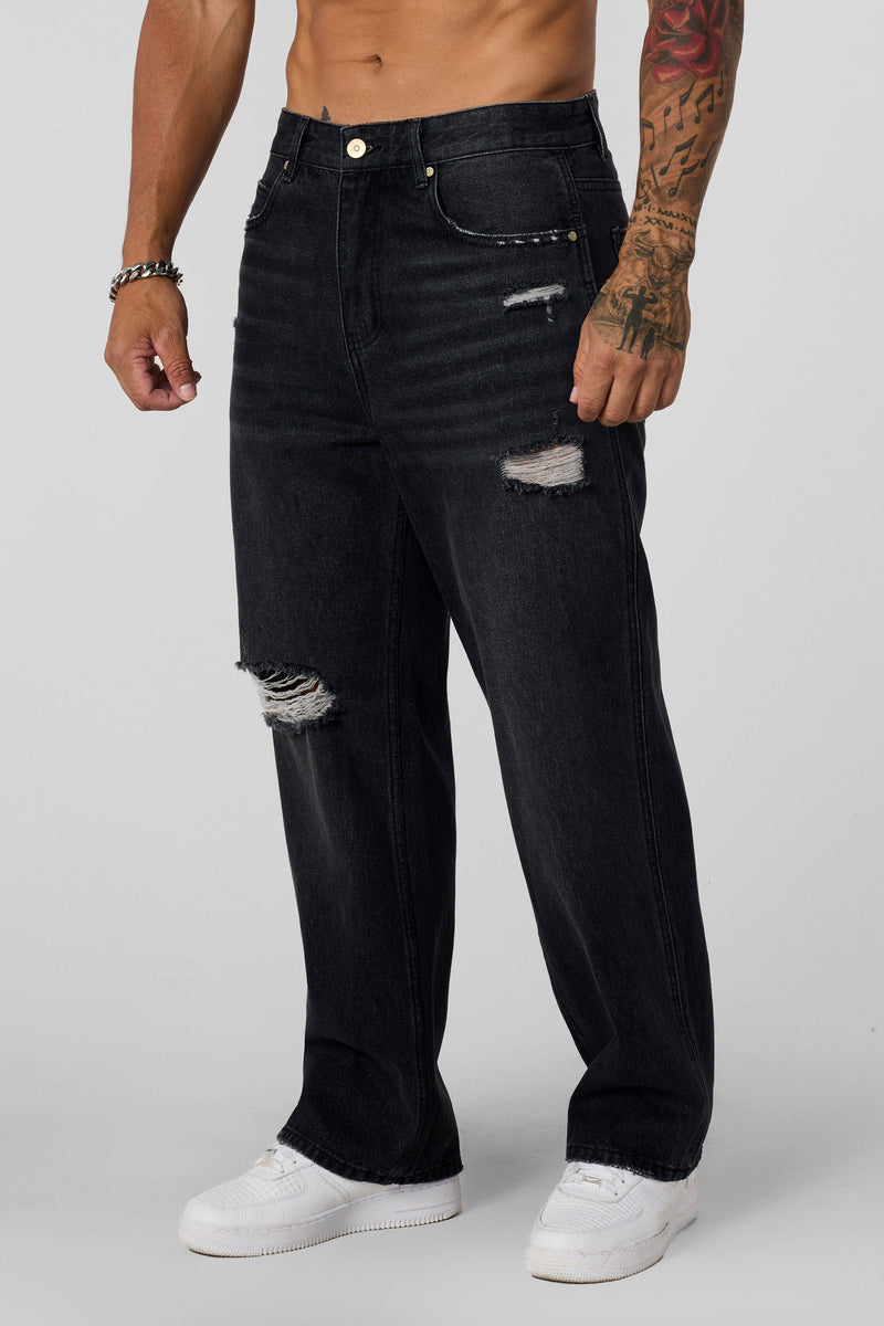 6025 - Straight Fit Ripped Jeans for mens with 415 GSM cotton with  straight-leg fit in colour Black Wash