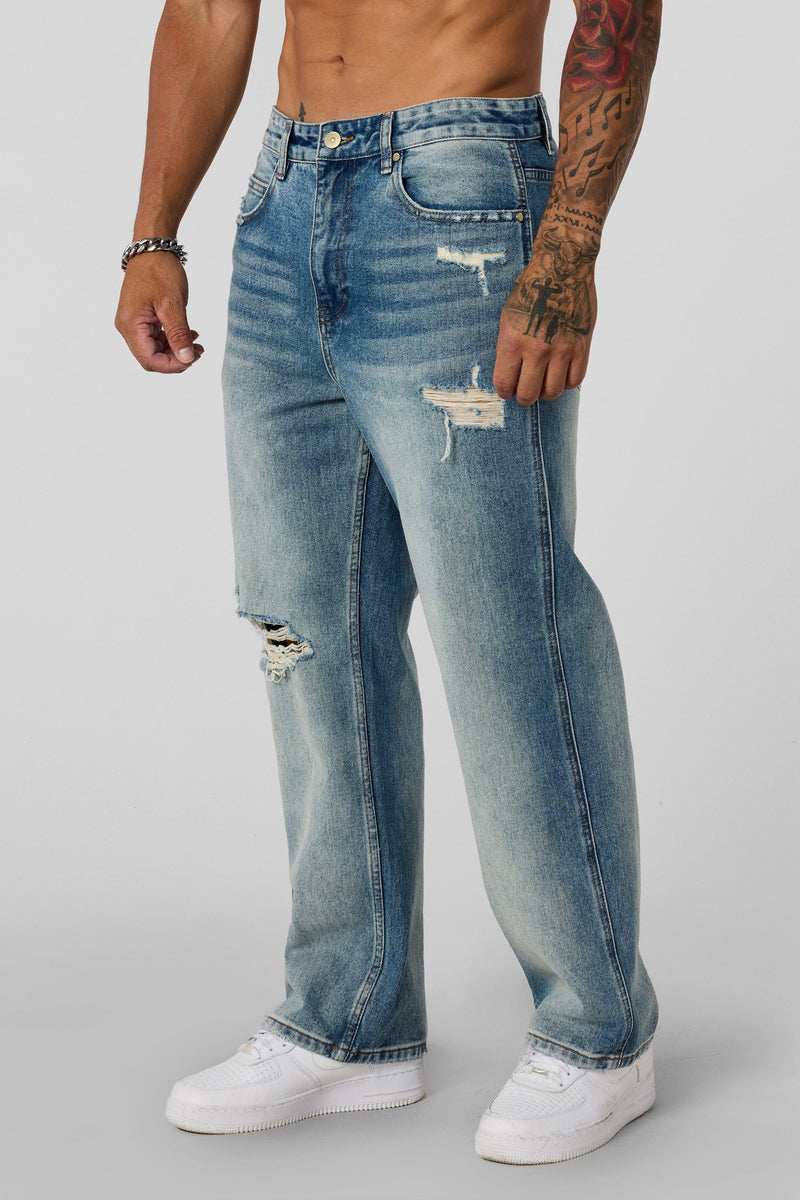 6025 - Straight Fit Ripped Jeans for mens with 415 GSM cotton with  straight-leg fit in colour Blue Wash