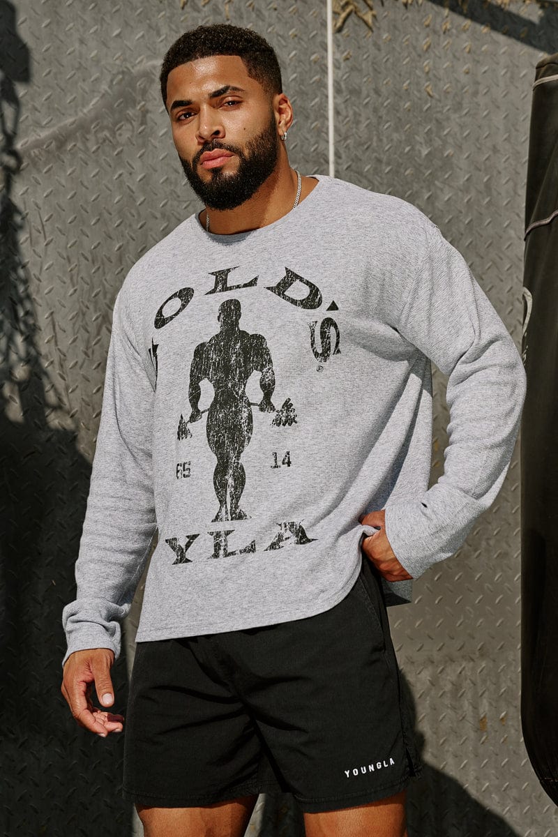 8047 – Gold’s Gym Thermal Longsleeves for men: warm, comfortable, and breathable with a true-to-size athletic fit, perfect for training or casual wear in color Heather grey.