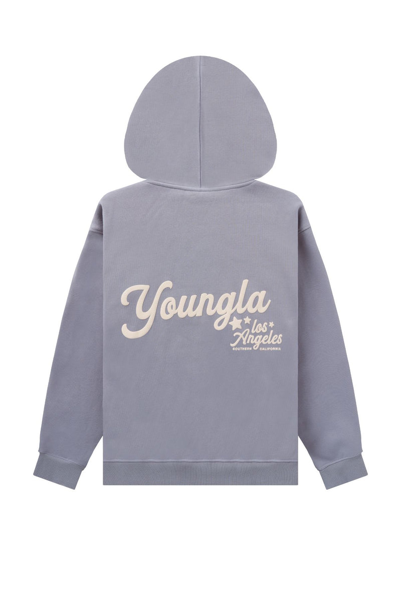 W566 Soft Serve Hoodie for women with super soft, fluffy fleece and featuring a fun puff print in Dusty Blue.