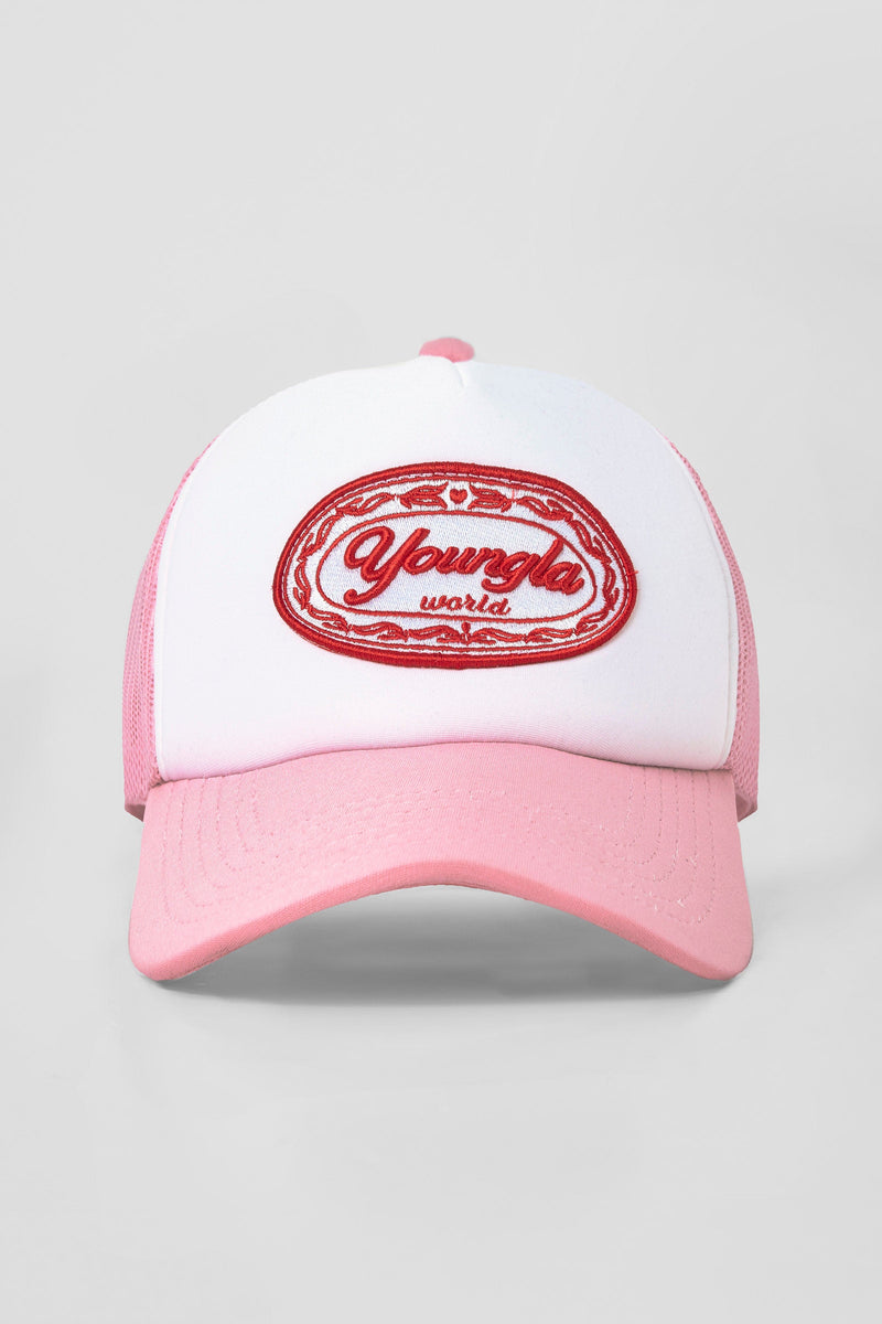 W636 Flashback Trucker Hat for Women with adjustable snapback closure for a customizable fit in color Light Pink.